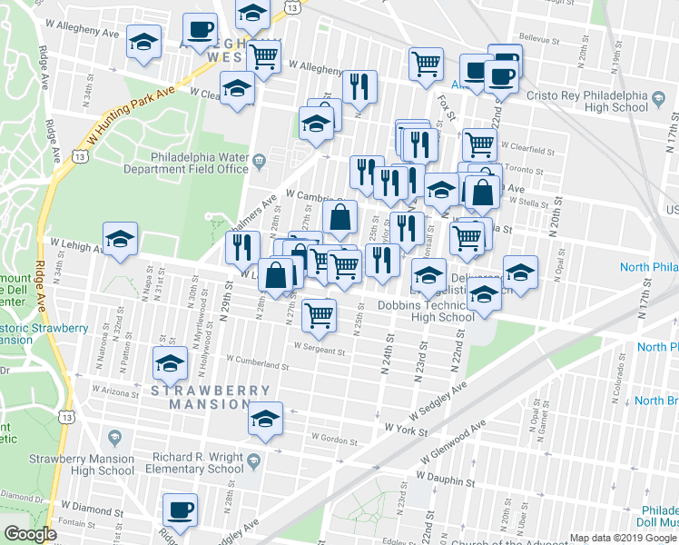 map of restaurants, bars, coffee shops, grocery stores, and more near 2549 West Sterner Street in Philadelphia