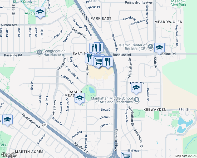 map of restaurants, bars, coffee shops, grocery stores, and more near 4800 Baseline Road in Boulder
