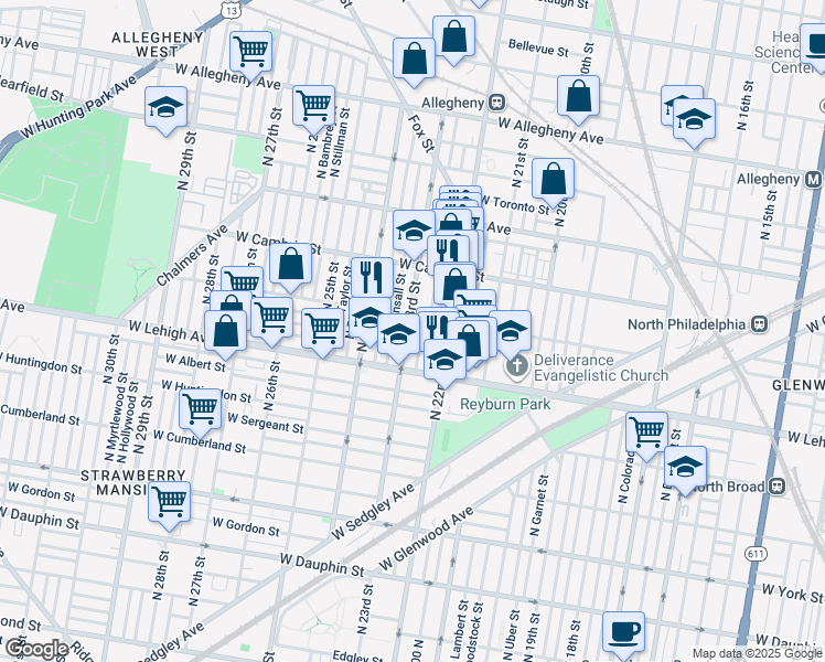 map of restaurants, bars, coffee shops, grocery stores, and more near 2753 North 23rd Street in Philadelphia