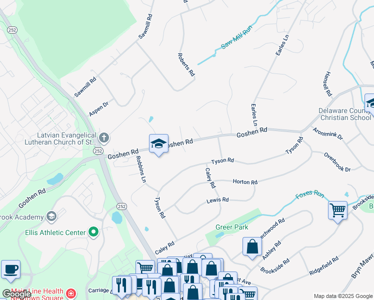 map of restaurants, bars, coffee shops, grocery stores, and more near 3512 Goshen Road in Newtown Square