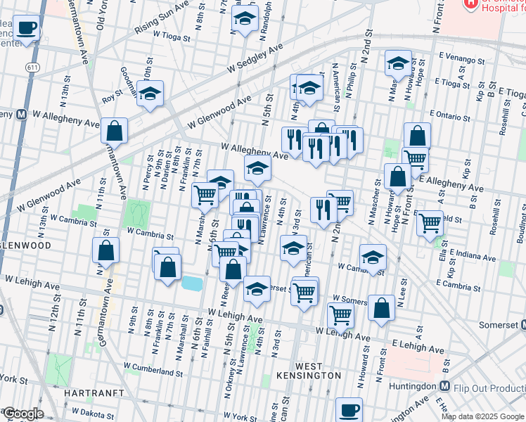 map of restaurants, bars, coffee shops, grocery stores, and more near 3016 North Lawrence Street in Philadelphia