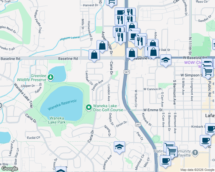 map of restaurants, bars, coffee shops, grocery stores, and more near 1160 Somerset Street in Lafayette