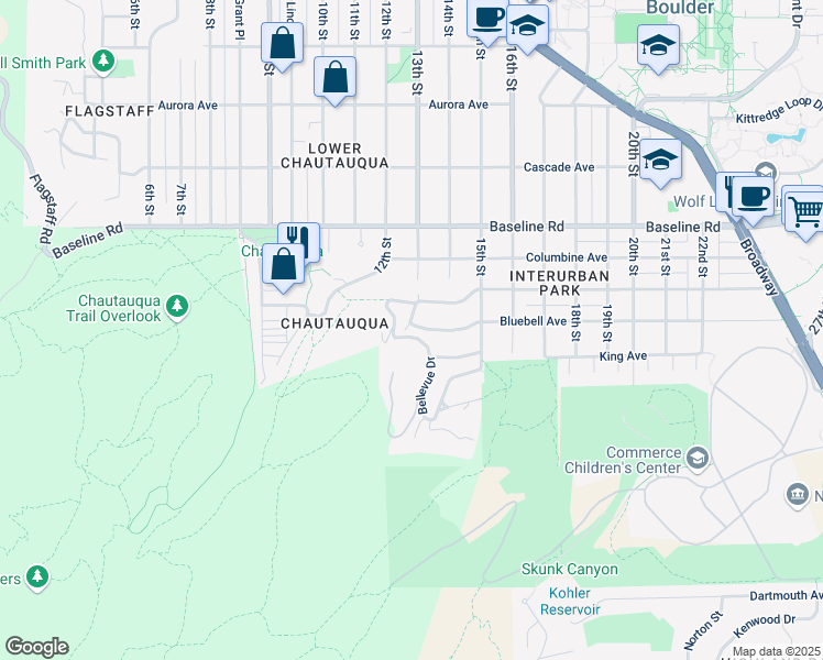 map of restaurants, bars, coffee shops, grocery stores, and more near 1320 Bluebell Avenue in Boulder