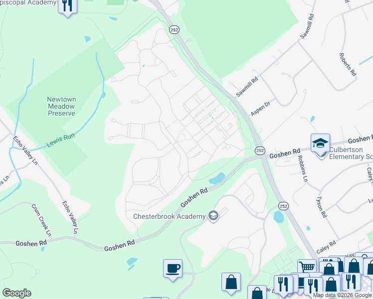 map of restaurants, bars, coffee shops, grocery stores, and more near 302 Park Hill Lane in Newtown Square