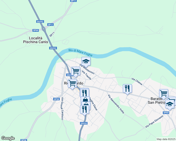 map of restaurants, bars, coffee shops, grocery stores, and more near 6-12 Via Montessori in Riola Sardo
