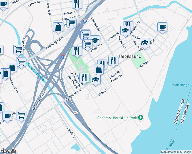 map of restaurants, bars, coffee shops, grocery stores, and more near 4366 Richmond St in Philadelphia