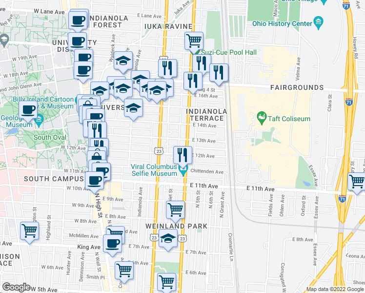 map of restaurants, bars, coffee shops, grocery stores, and more near 1655 North 4th Street in Columbus