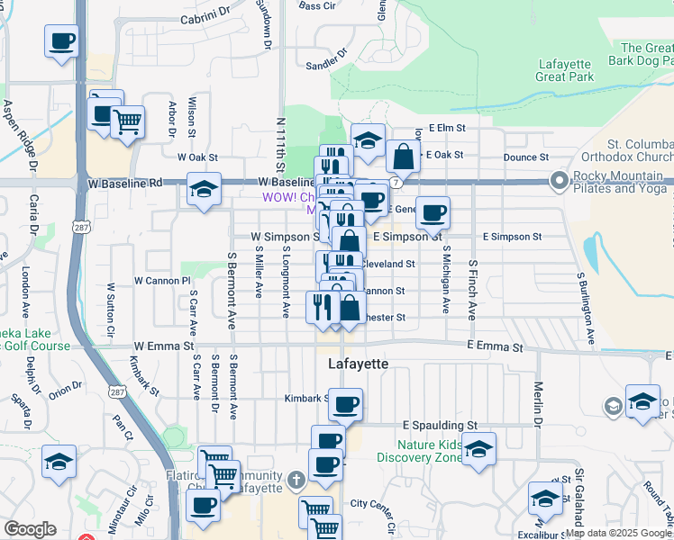 map of restaurants, bars, coffee shops, grocery stores, and more near 105 East Cleveland Street in Lafayette