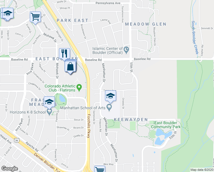 map of restaurants, bars, coffee shops, grocery stores, and more near 21 Manhattan Drive in Boulder