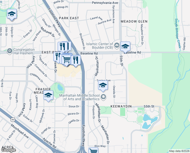 map of restaurants, bars, coffee shops, grocery stores, and more near 21 Manhattan Drive in Boulder