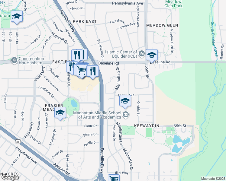 map of restaurants, bars, coffee shops, grocery stores, and more near 21 Manhattan Drive in Boulder