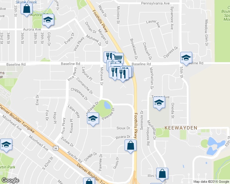map of restaurants, bars, coffee shops, grocery stores, and more near 4800 Baseline Road in Boulder