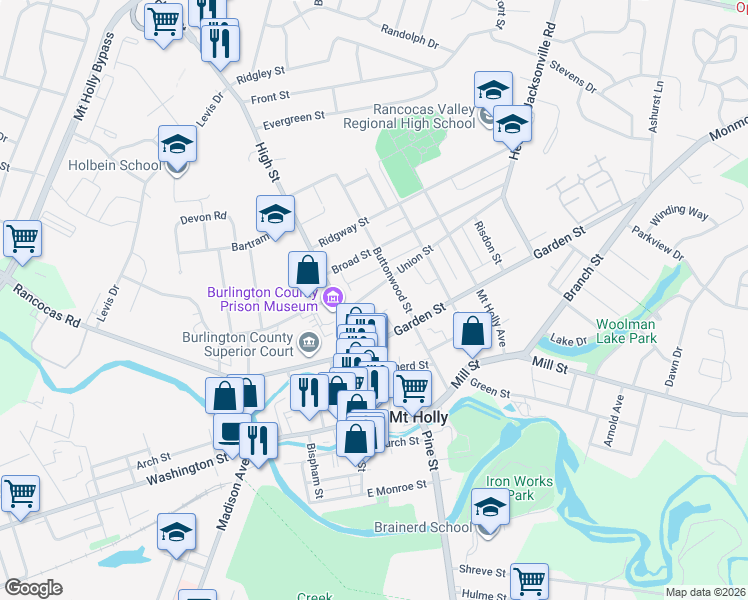 map of restaurants, bars, coffee shops, grocery stores, and more near 28 Union Street in Mount Holly