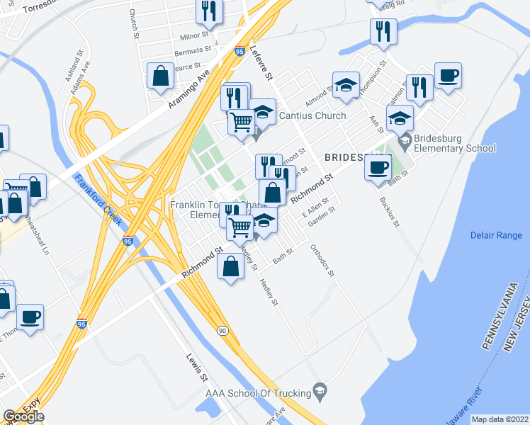 map of restaurants, bars, coffee shops, grocery stores, and more near 4366 Richmond St in Philadelphia