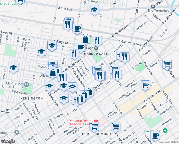 map of restaurants, bars, coffee shops, grocery stores, and more near 1856 East Ontario Street in Philadelphia