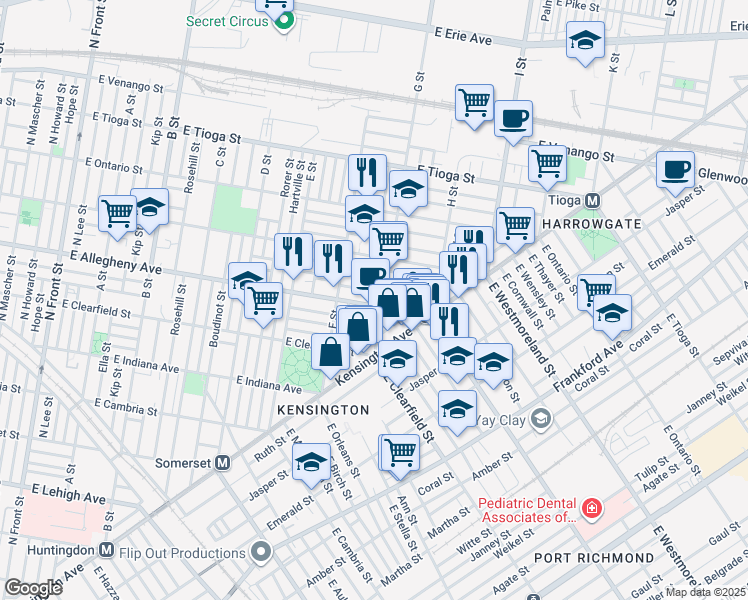 map of restaurants, bars, coffee shops, grocery stores, and more near 760 East Madison Street in Philadelphia