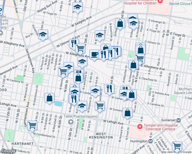 map of restaurants, bars, coffee shops, grocery stores, and more near 3063 North Orianna Street in Philadelphia