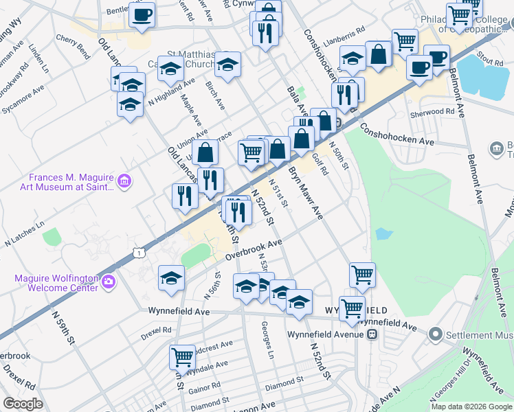 map of restaurants, bars, coffee shops, grocery stores, and more near 2433 North 52nd Street in Philadelphia