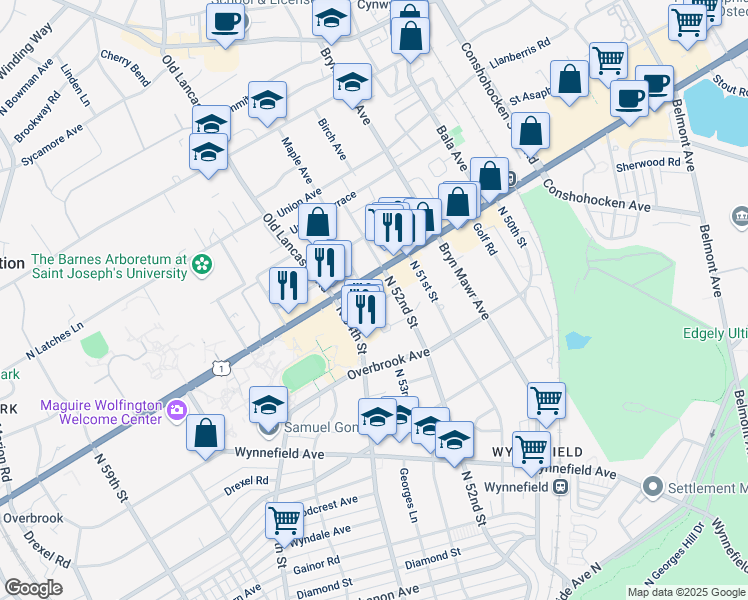 map of restaurants, bars, coffee shops, grocery stores, and more near 5200 City Avenue in Philadelphia