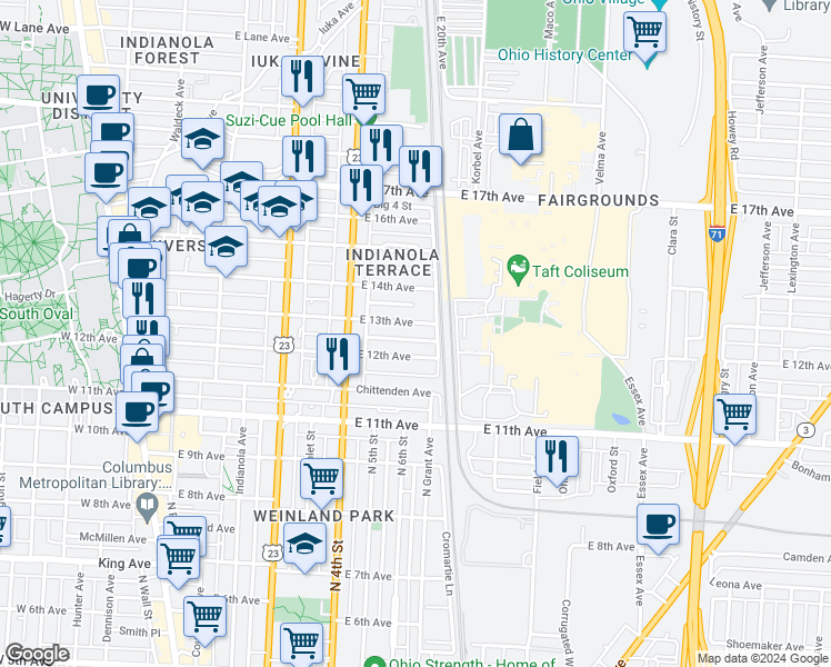 map of restaurants, bars, coffee shops, grocery stores, and more near 408 East 13th Avenue in Columbus