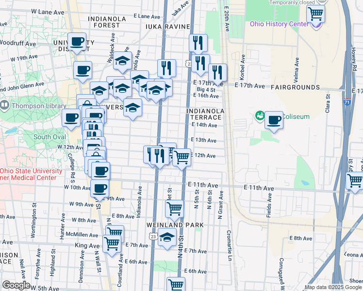 map of restaurants, bars, coffee shops, grocery stores, and more near 300 East 13th Avenue in Columbus