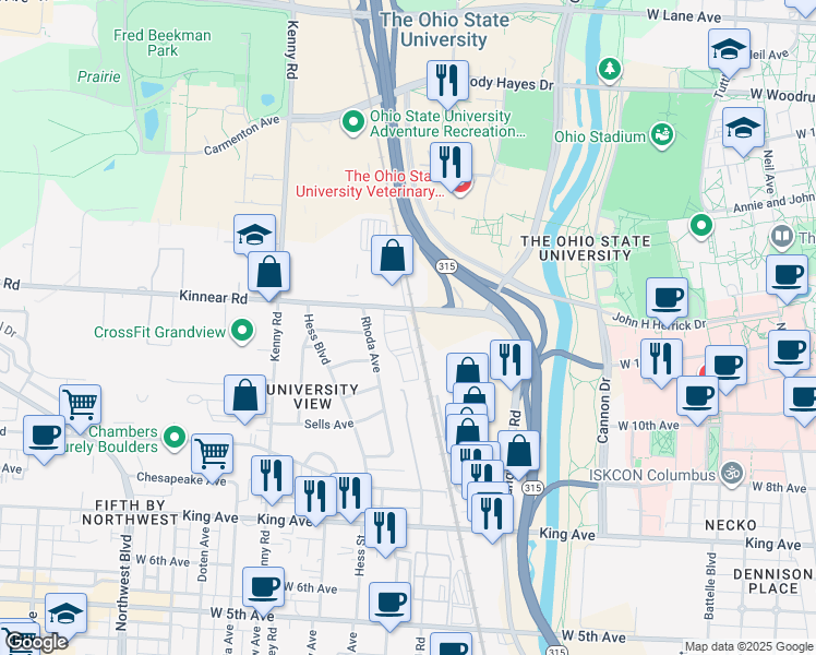 map of restaurants, bars, coffee shops, grocery stores, and more near 807 Kinnear Road in Columbus