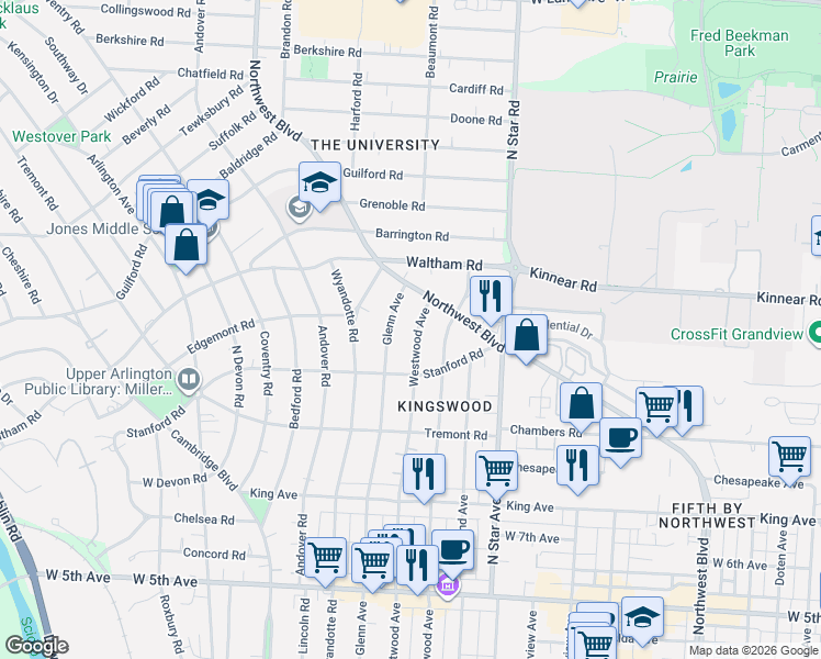 map of restaurants, bars, coffee shops, grocery stores, and more near 2001 Northwest Boulevard in Columbus