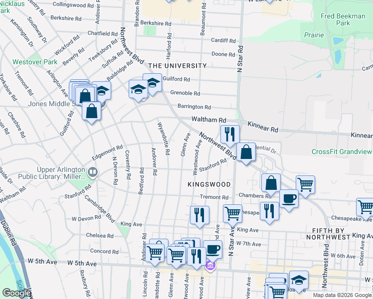 map of restaurants, bars, coffee shops, grocery stores, and more near 1981 Glenn Avenue in Columbus