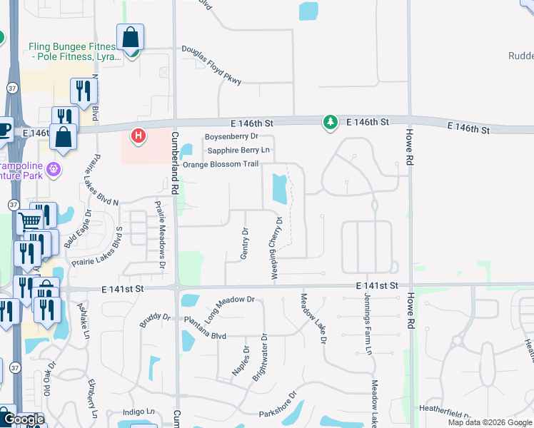 map of restaurants, bars, coffee shops, grocery stores, and more near 10099 Weeping Cherry Drive in Fishers
