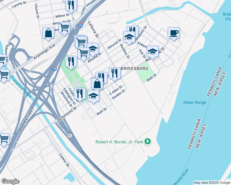 map of restaurants, bars, coffee shops, grocery stores, and more near 4439 East Allen Street in Philadelphia