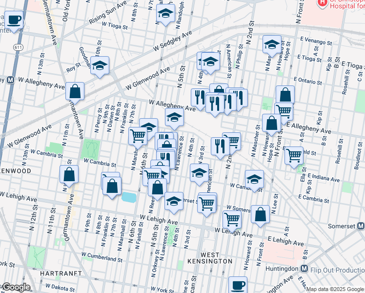 map of restaurants, bars, coffee shops, grocery stores, and more near 3023 North Lawrence Street in Philadelphia