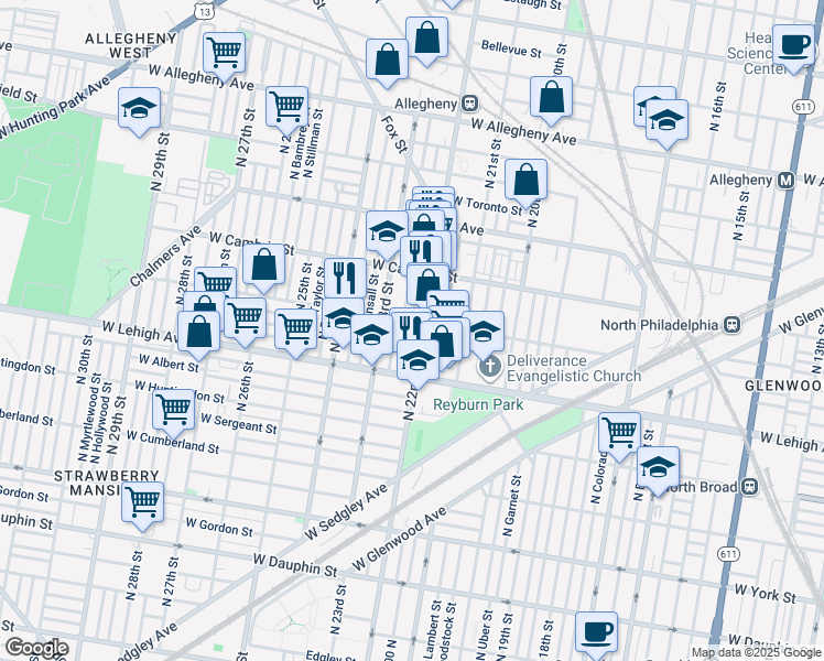 map of restaurants, bars, coffee shops, grocery stores, and more near 2761 North Croskey Street in Philadelphia