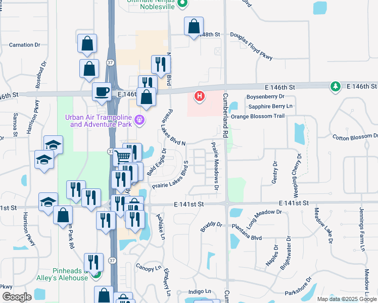 map of restaurants, bars, coffee shops, grocery stores, and more near 9654 Angelica Drive in Noblesville