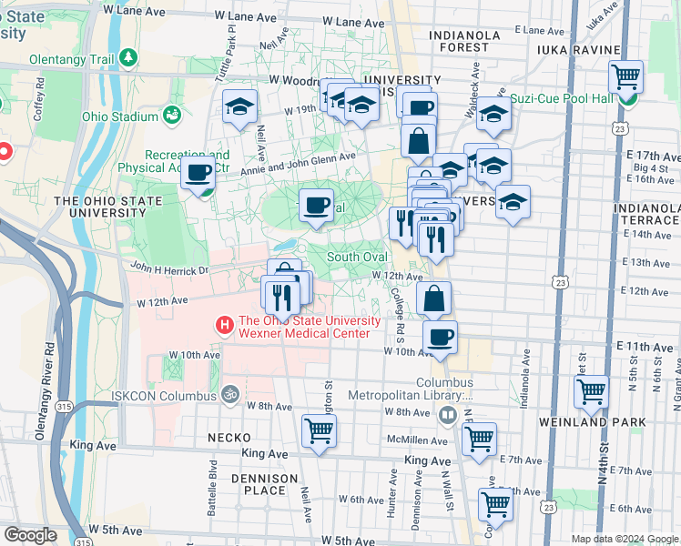 map of restaurants, bars, coffee shops, grocery stores, and more near 154 West 12th Avenue in Columbus