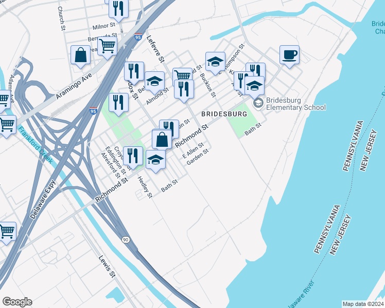 map of restaurants, bars, coffee shops, grocery stores, and more near 4439 East Allen Street in Philadelphia