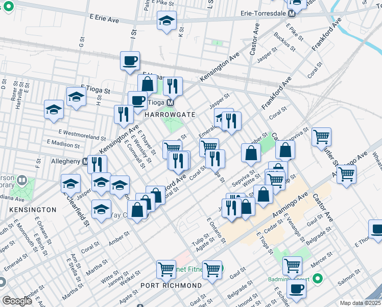 map of restaurants, bars, coffee shops, grocery stores, and more near 3451 Braddock Street in Philadelphia