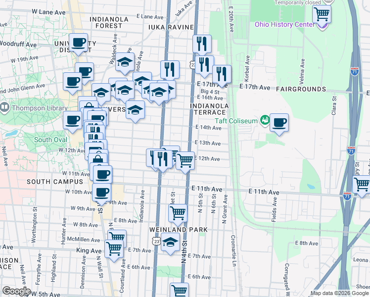 map of restaurants, bars, coffee shops, grocery stores, and more near 1655 North 4th Street in Columbus