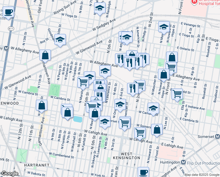 map of restaurants, bars, coffee shops, grocery stores, and more near 3023 North Lawrence Street in Philadelphia