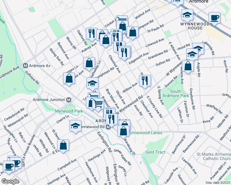 map of restaurants, bars, coffee shops, grocery stores, and more near 2510 Olcott Avenue in Ardmore