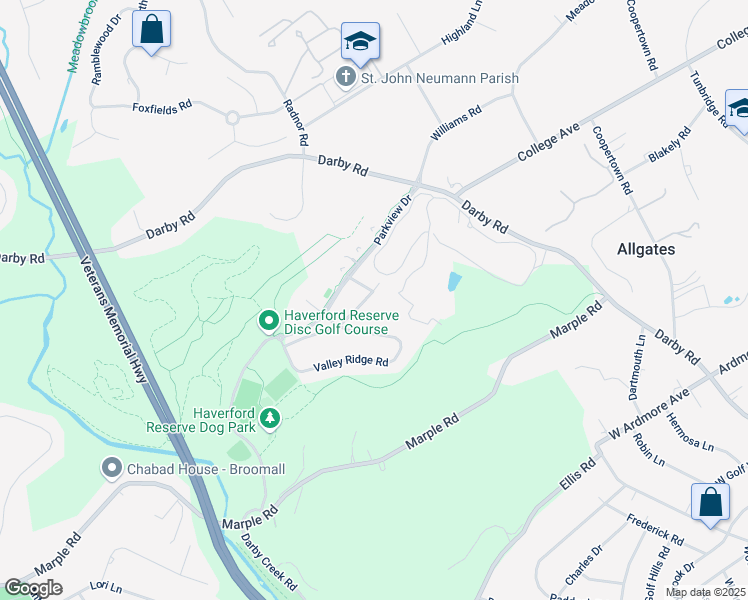 map of restaurants, bars, coffee shops, grocery stores, and more near 124 Green Lane in Haverford