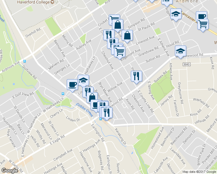 map of restaurants, bars, coffee shops, grocery stores, and more near 2510 Olcott Avenue in Ardmore