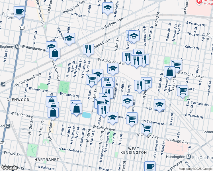 map of restaurants, bars, coffee shops, grocery stores, and more near 3013 North Reese Street in Philadelphia