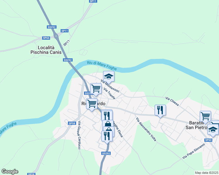 map of restaurants, bars, coffee shops, grocery stores, and more near 6-12 Via Montessori in Riola Sardo