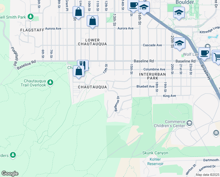 map of restaurants, bars, coffee shops, grocery stores, and more near 1300 Bluebell Avenue in Boulder