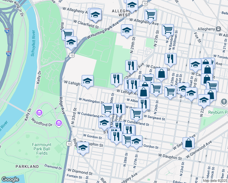 map of restaurants, bars, coffee shops, grocery stores, and more near 2950 West Lehigh Avenue in Philadelphia