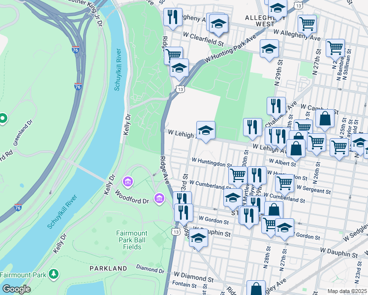 map of restaurants, bars, coffee shops, grocery stores, and more near 3313 West Harold Street in Philadelphia