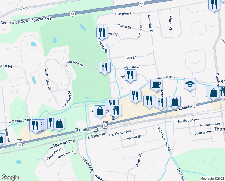 map of restaurants, bars, coffee shops, grocery stores, and more near 6 Lisa Drive in Thorndale