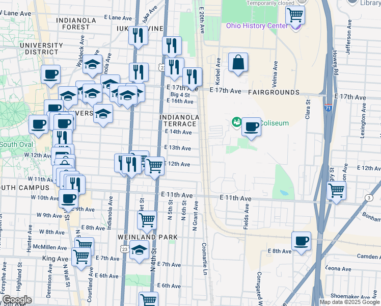 map of restaurants, bars, coffee shops, grocery stores, and more near 408 East 13th Avenue in Columbus