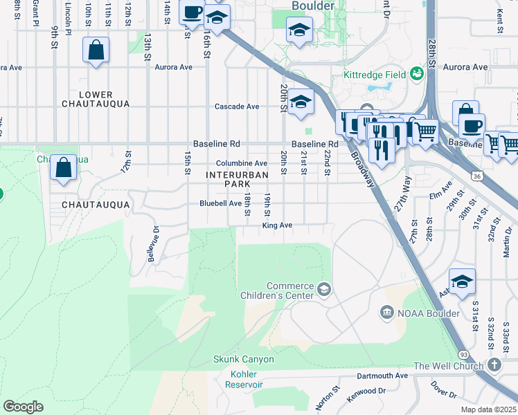 map of restaurants, bars, coffee shops, grocery stores, and more near 1860 Bluebell Avenue in Boulder