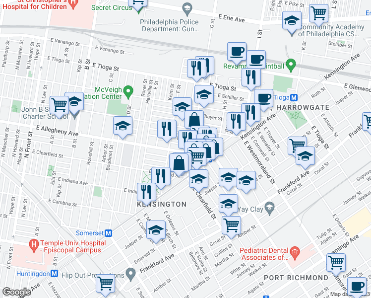 map of restaurants, bars, coffee shops, grocery stores, and more near 751 East Allegheny Avenue in Philadelphia